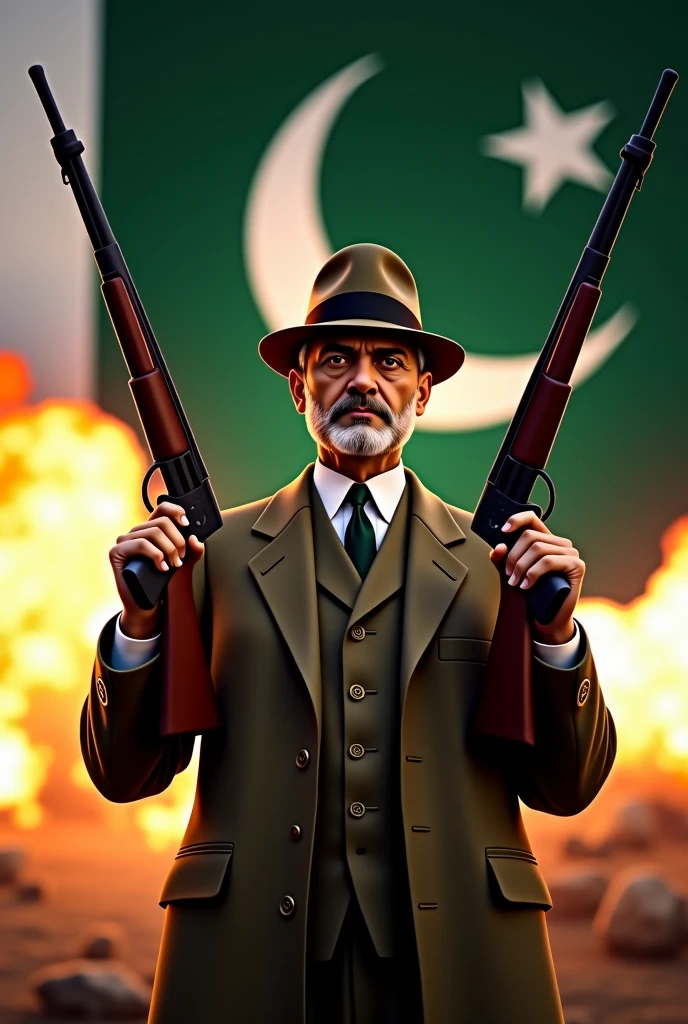Generate muhammad ali jinnah ( Quiad e azam. He does not have facial hair and wears a hat) holding two machine guns, infront of bomb blasts with the pakistan flag in the background. The sky is also night time.