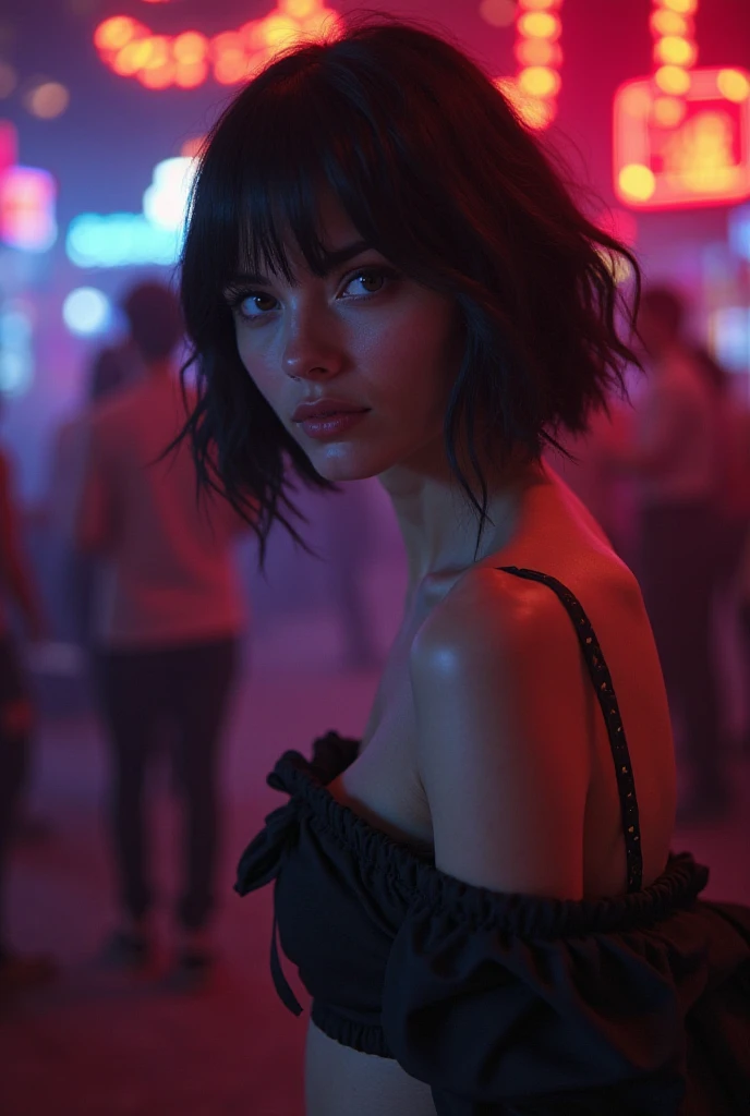 80s style woman with black dress and silver vest