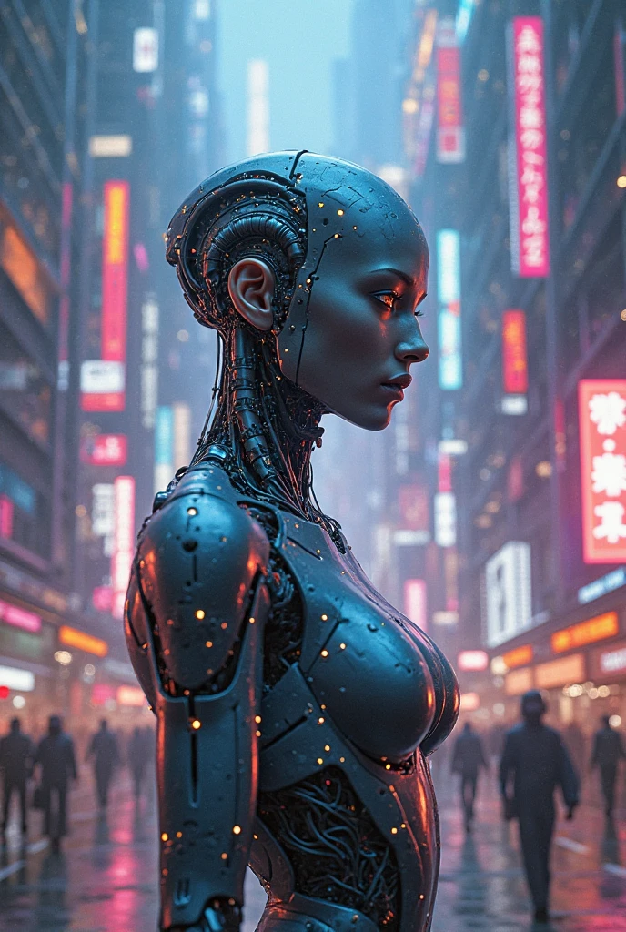 biomechanical style In the Heart of a Neon-Drenched Metropolis at twilight, a ral-ledlights cyborg woman - her complexion bears the intricate design of delicate synth-skin stretched over exposed mechanical joints, forming an extraordinary marriage of organic beauty and artificial precision. Her gleaming, bald head mirrors the cold sterility of her surroundings; it serves as a stark contrast against the warmth radiated by the subtle warm undertones adorning her visage. Walking calmly amidst towering structures. There exists an undeniable elegance to her form, accentuated by the fall of light filtering down from colossal billboards overhead. This enthralling narrative unfurls against the pulsating heartbeat of a bustling cyberpunk cityscape, awash in luminescent advertisements and bathed in perpetual twilight. style of Chris Cold, style of Guweiz, style of Wadim Kashin, . blend of organic and mechanical elements, futuristic, cybernetic, detailed, intricate, <lora:ral-ledlights:0.5>