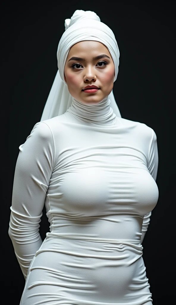 (Old Lady:1.37), Jumbo (Singlet), Chubby adorable, 1 girl, (face to face), , baby face, (angry face expression:1.37), half body portrait, (face details: 1), (eye details: 1), ((big breasts)). wearing ((transparent:1.14)), transparency soft long shirt, hijab, .. Cute posed. proportional body. Ultra High Res. realistic: 1.4, UHD, ((plaid pattern)), ((Bigger:2.3)), (((DARK BACKGROUND)))