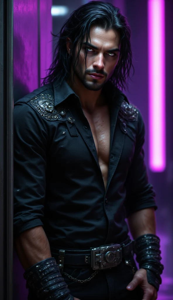 Masterpieces, furry, male, Anthropomorphic, grey wolf, slender body type, Delicate eyes, goatee, glistening body, criminal thug, sadist, depth of field, perfect lighting, (best quality),(masterpiece),(ultra detailed), sharp focus, detailed background, shirtless, black nipples, nipple rings, fierce look, scars, black gloves, glossy oiled up skin, sweating, wet, latex trousers, thin harness, full body, bushy tail