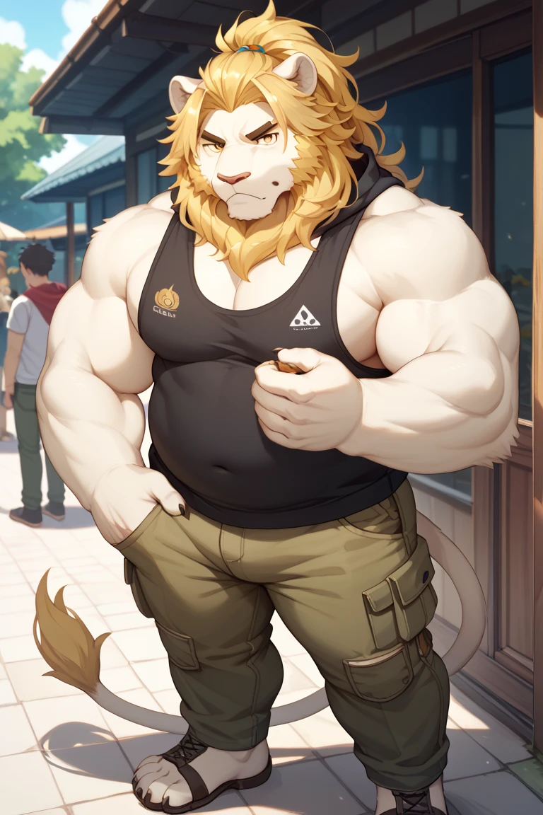 Solo, male, lion, muscular, medium bulge, smiling, tank top, cargo shorts, hair, big pecs, big biceps, alleyway, plants, golden hour, dramatic lighting, by bebebebebe