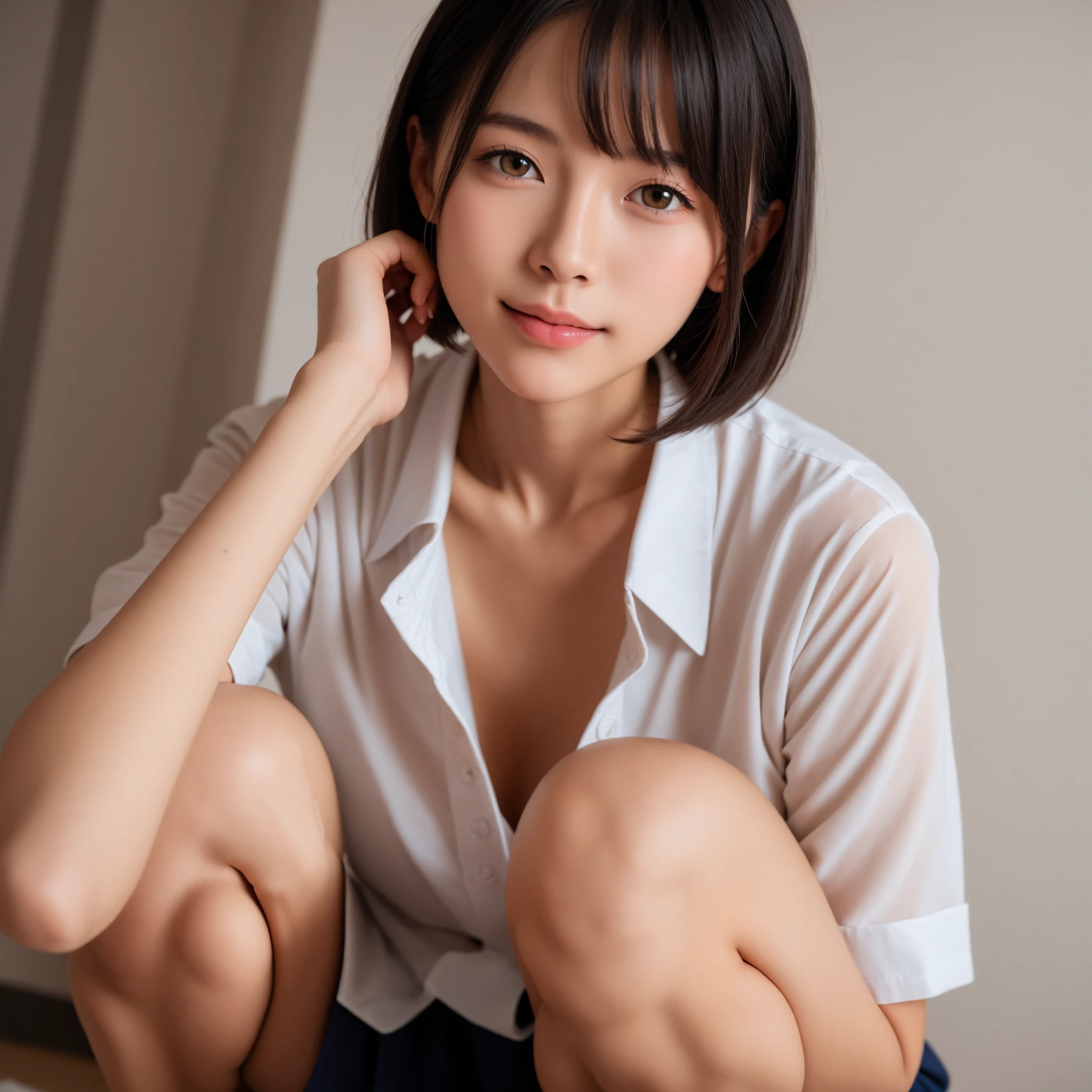 ((of the highest quality, 8K, masutepiece: 1.3, Raw photo)), Sharp Focus: 1.2, (1 AESPA Girl :1.1), Solo, (Realistic, Photorealistic: 1.37), (Face Focus: 1.1), Cute face, hyperdetailed face, short messy hair, Small Smile, small breasts, flat chest, semi nude, (chiffon shirt: 1.2), squatting, classroom, books, thigh, Cattleya, flower