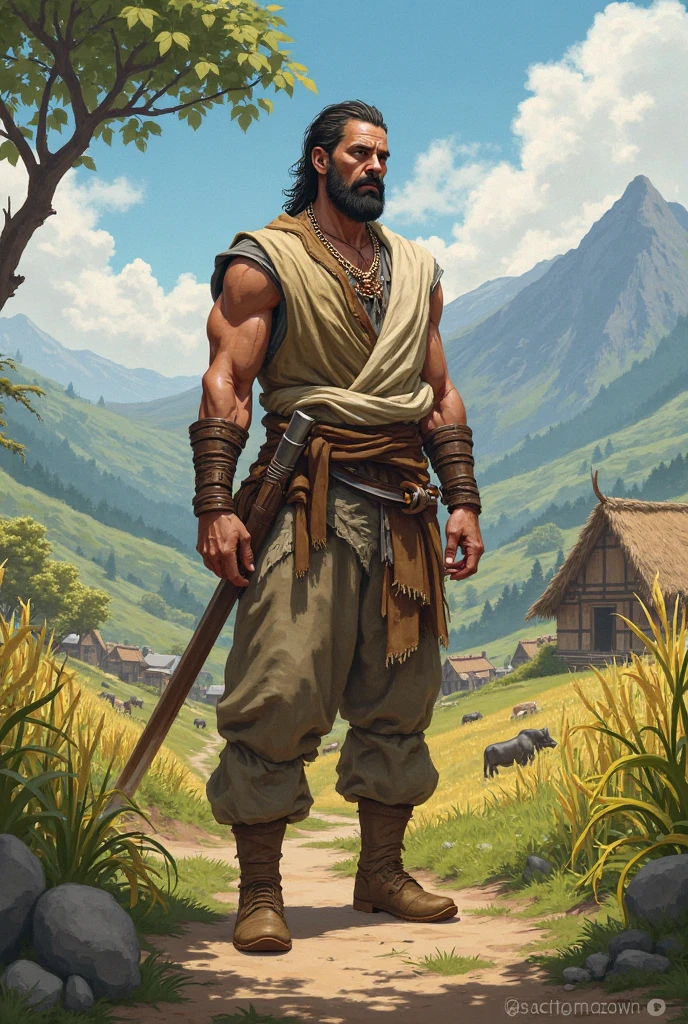 One early morning, 20 year old man standing in front of thatched house, holding sickle and necessary tools. The sky is still pale, the sun just rose.hình 2d