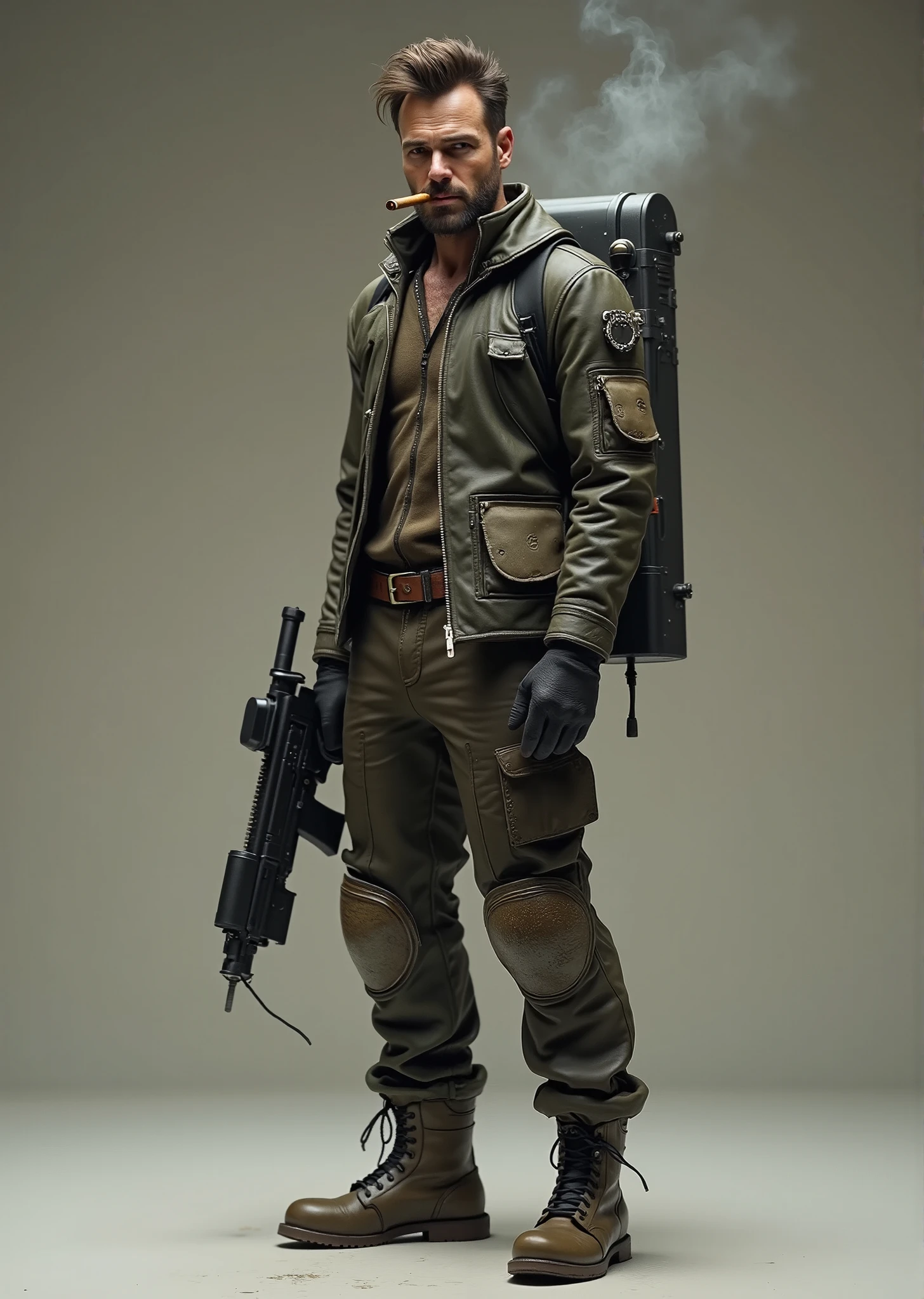 a man from the future, simple with synthetic clothes that look like leather, smoking cigars, with few technological devices, Cinematographic, full body, science-fiction character , Messy Head, Grease dirty , mocked smile , Fight marks , Wearing spacesuit pants, with a futuristic weapon