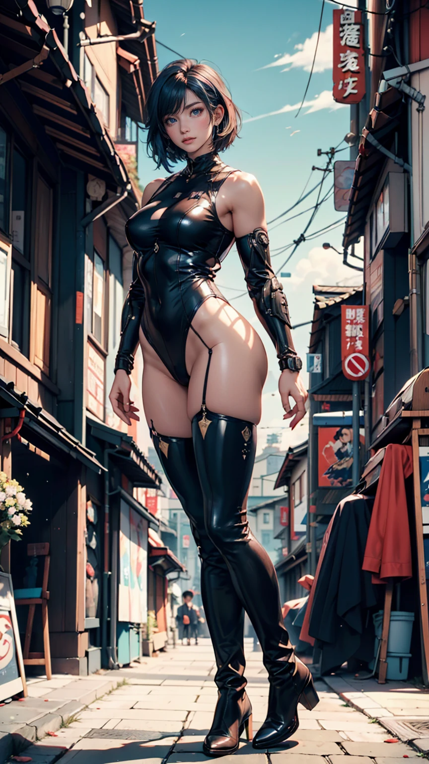 a woman in a black suit and green hair walking down a street, ross tran style, ross tran 8 k, wlop and krenz cushart, lois van rossdraws, style artgerm, by Ross Tran, ross tran. scenic background, krenz cushart and artgerm, by Yanjun Cheng, inspired by Ross Tran, wlop art
