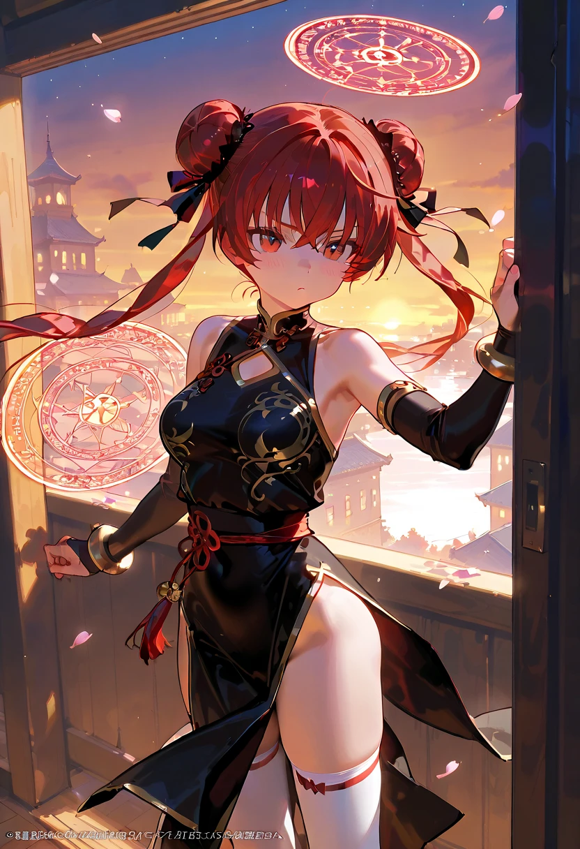 1girl, jewelry, dress, red hair, solo, hair bun, earrings, breasts, blue eyes, night, sky, ass, bracelet, armlet, railing, bare shoulders, single hair bun, night sky, sleeveless, chinese clothes, china dress, black dress, smile, hair ornament, outdoors, sleeveless dress, closed mouth, architecture, large breasts, east asian architecture, muscular female, alternate costume, lantern, muscular, balcony, sky lantern, from side