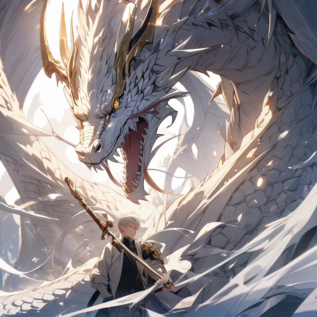 A golden white dragon, Half body, Detailed and clear, There are auspicious white clouds floating around, Great details, exquisite, high quality, extremely detailed CG Unity 8k wallpaper,