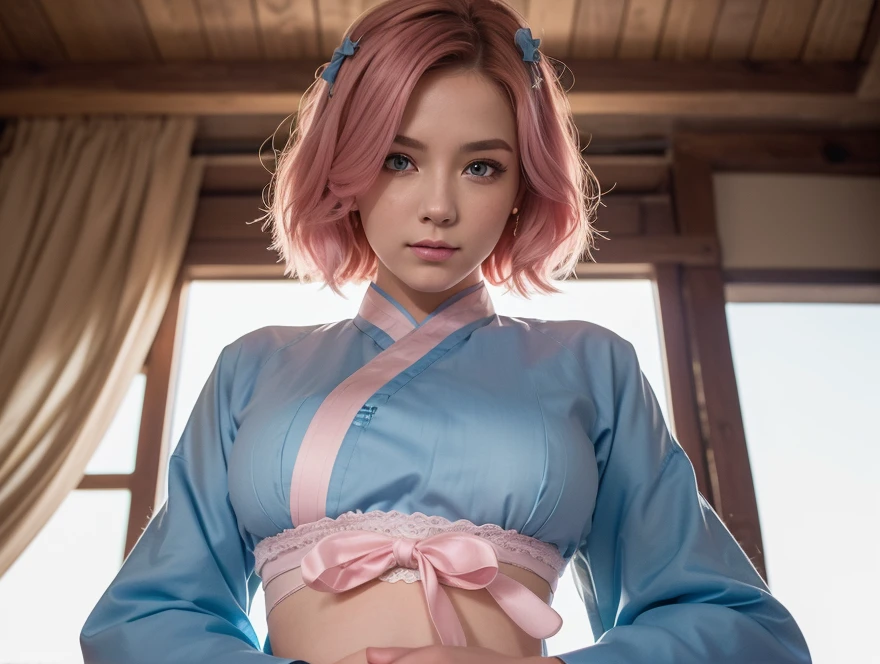 (8K, top-quality, masterpiece:1,2), (reallistic, Photorealsitic:1.37), Super Detail, One girl,), (Highly detailed), (beautifullのy detailed eyes), (of the highest quality), (super detailed ), (masterpiece), (Detailed face),20yr old, ,1 girl, full body, pink hair,Very short hair, medium breasts, clothed, Perfect Lighting, breast focus, looking at viewer, aroused face, naughty face, Judo, black belt, disheveled clothes, sweat, dojo, seiza