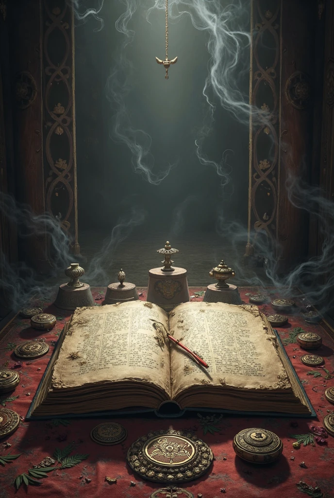 japanese antient book is  enshrined in the japanese shrine, the book is closed, many japanese amulets is put on the book, (heavy deep black steam is on the floor)