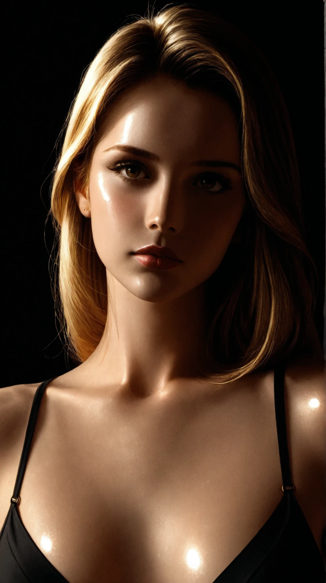 expressionist artwork image of a sexy french girl in the graphic art style of a french retro fashion photograph, no background, black background, soft lighting, shiny skin, 