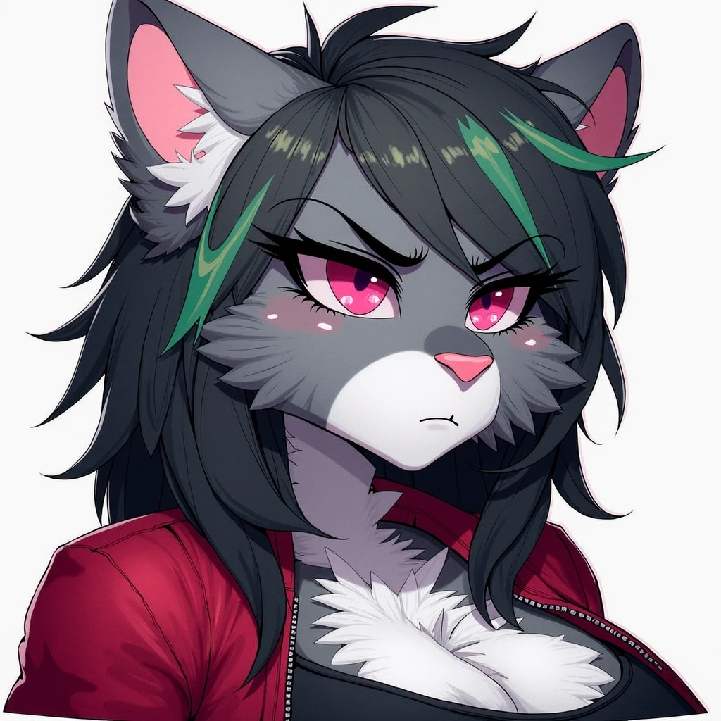Anime style drawing of an anthropomorphic furry wolf with gray fur and slightly long, spiky hair, There is a hair passing between the two eyes, has a lot of fur behind, that goes all the way to your back, some of the fur from behind passes over the shoulder and stays in front of the chest, has a serious expression, has red eyes and dark circles, wears a red collar with a gold tag with a purple h symbol printed on it, wears a black and red long sleeve shirt from the chest down.