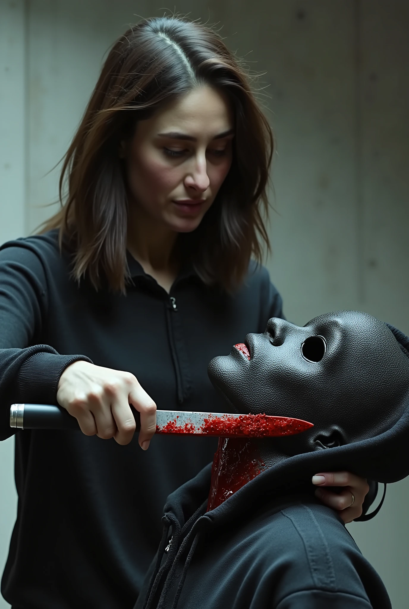 Realistic, A Very beautiful woman, woman very thick hair, boy hoodie, woman kill boy, woman very big breast, woman slaughters boy neck like a lamb, boy neck is flowing with blood, woman knife, boy dead, boy full face mask