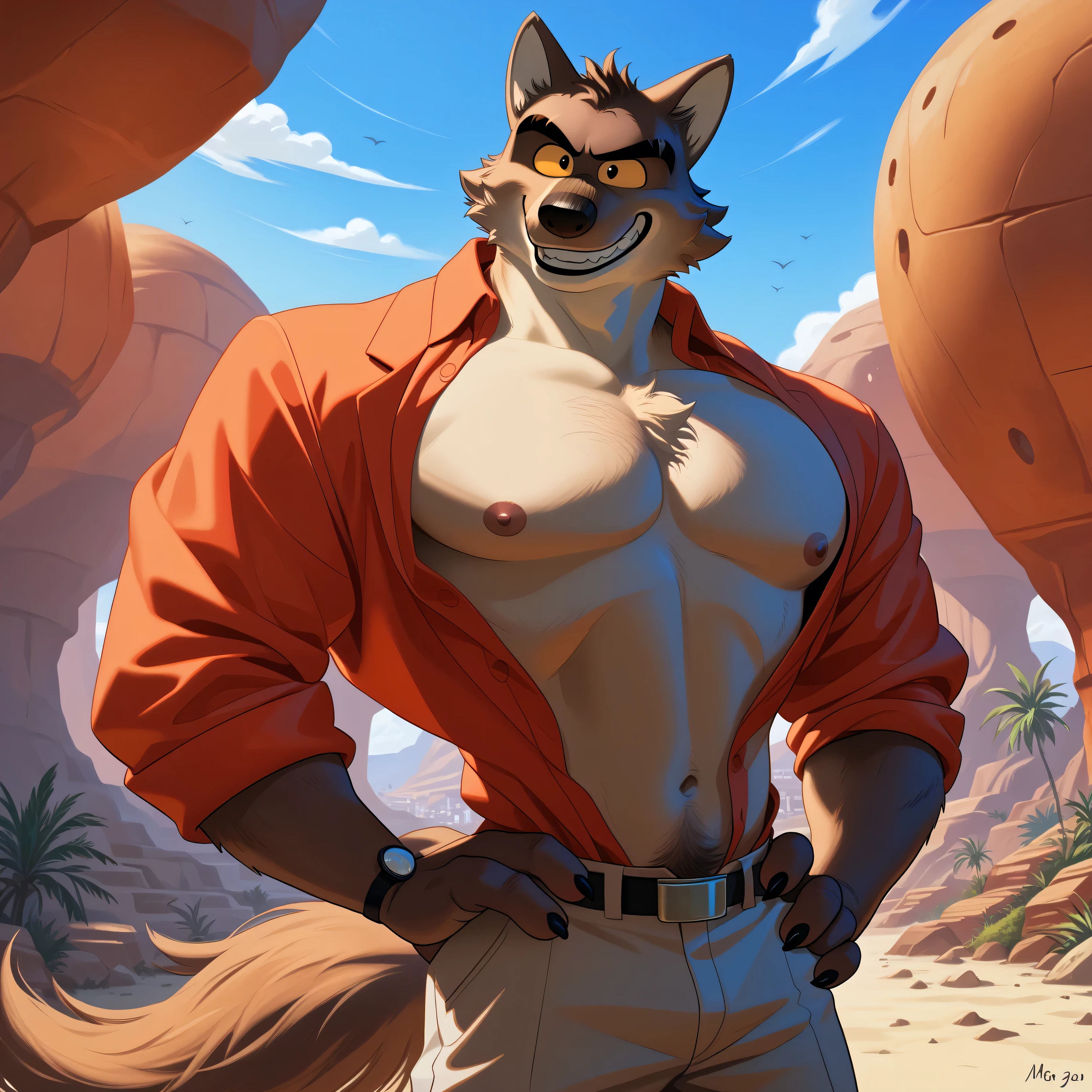 Mr Wolf (The Bad Guys) brown eyes, yellow sclera, solo, detailed, detailed face, black eyes, anthro body, male, adult, muscular, cartoon shading, cel shaded:1.0, flat colors, (no background, white background):1.5, shirtless, wfa style, negger style, cartoony anatomy, above waist, looking at viewer, posing, smile