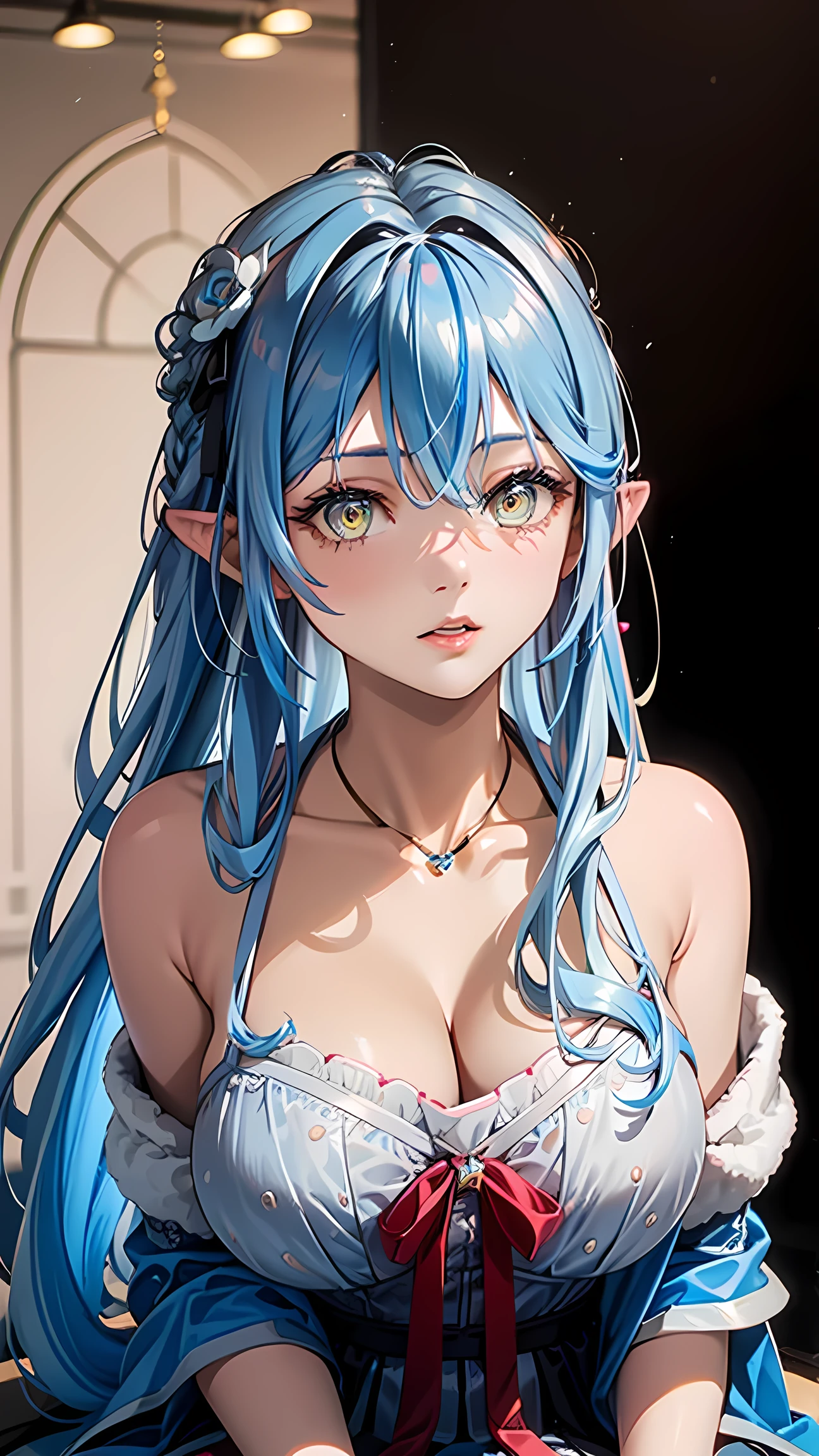   realistic: 1.3,    masterpiece,  of the highest quality,  HD, details: 1.2, 1 girl, Hairpin,   pretty face, exquisite eyes, Tassel Earrings,    necklace, ribbon,    Elegant posture   , aesthetics, movie lighting,    ray tracing, depth of field, Layering, Bang, Lace Full Body   ,   transparent robe ， yukihana lamy 
