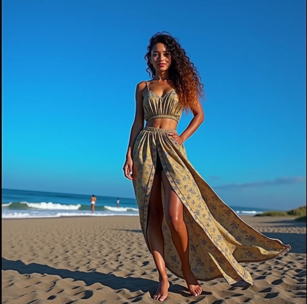 8k, clear grey eyes, beautiful mixed girl, Long slightly wavy hair, extremely detailed full sexy body, beautiful chest, Madras outfit, Martinique outfit, She's going back to the sea, sunset, palmer, vibrant colors, natural lighting, (best quality,4k,,highres, masterpiece:1.2),ultra-detailed,(realistic,photorealistic,photo-realistic:1.37),portrait,landscape