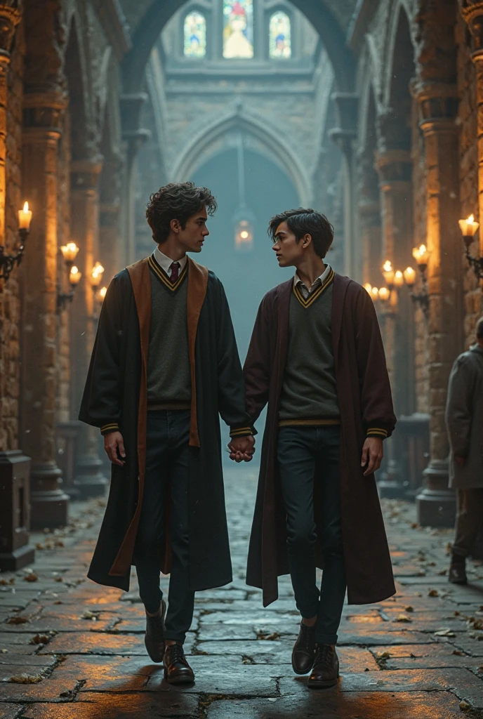 Gay couple + beautiful + Victorian era + hogwarts + Slytherin one boy with black curly hair + brown eyes + scar across left eye + tall + handsome + Korean + Irish + other boy with brown hair + brown eyes + freckles + slightly shorter + Scottish + Slytherin + in love + kiss on cheek + both boys