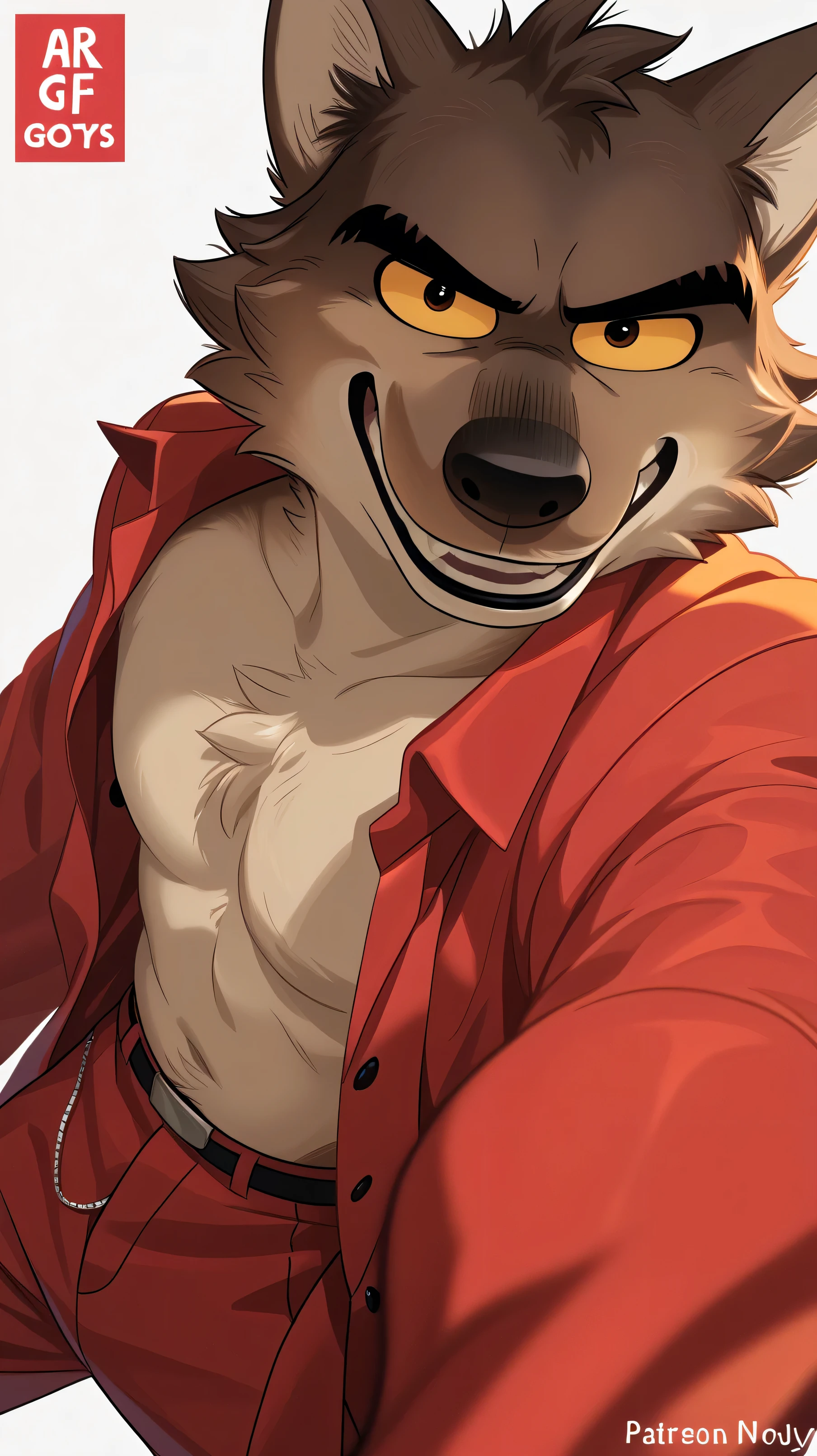 Mr Wolf (The Bad Guys) brown eyes, yellow sclera, solo, detailed, detailed face, black eyes, anthro body, male, adult, muscular, cartoon shading, cel shaded:1.0, flat colors, (no background, white background):1.5, shirtless, wfa style, negger style, cartoony anatomy, above waist, looking at viewer, posing, smile