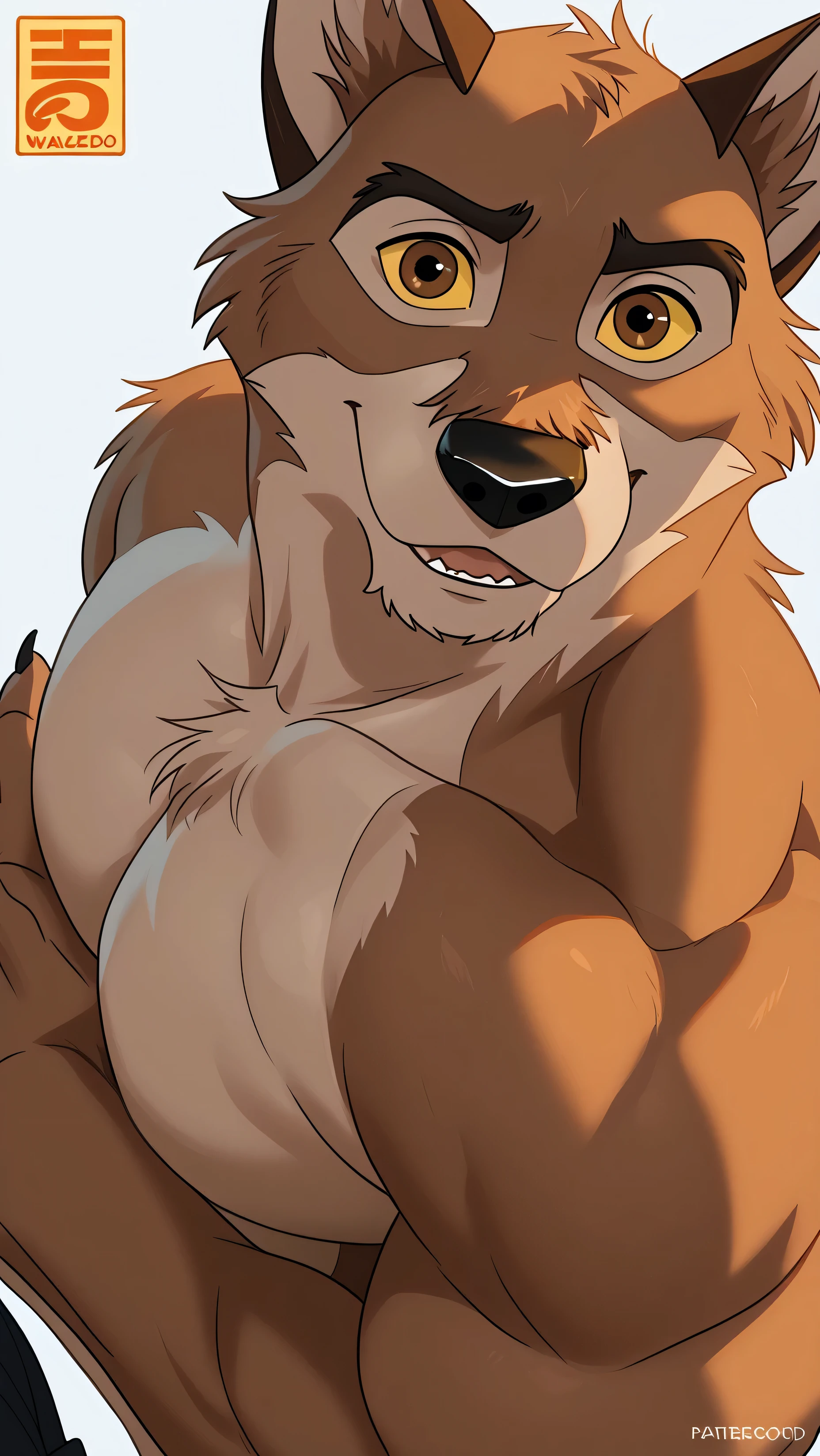 baltotwd, wolfdog, balto, brown eyes, yellow sclera, solo, detailed, detailed face, black eyes, anthro body, male, adult, muscular, cartoon shading, cel shaded:1.0, flat colors, (no background, white background):1.5, shirtless, wfa style, negger style, cartoony anatomy, above waist, looking at viewer, posing, smile