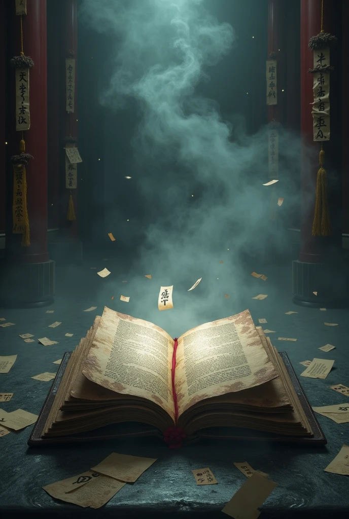 japanese antient book is  enshrined in the japanese shrine, the book is closed, many japanese amulets is put on the book, (heavy deep black steam is on the floor)