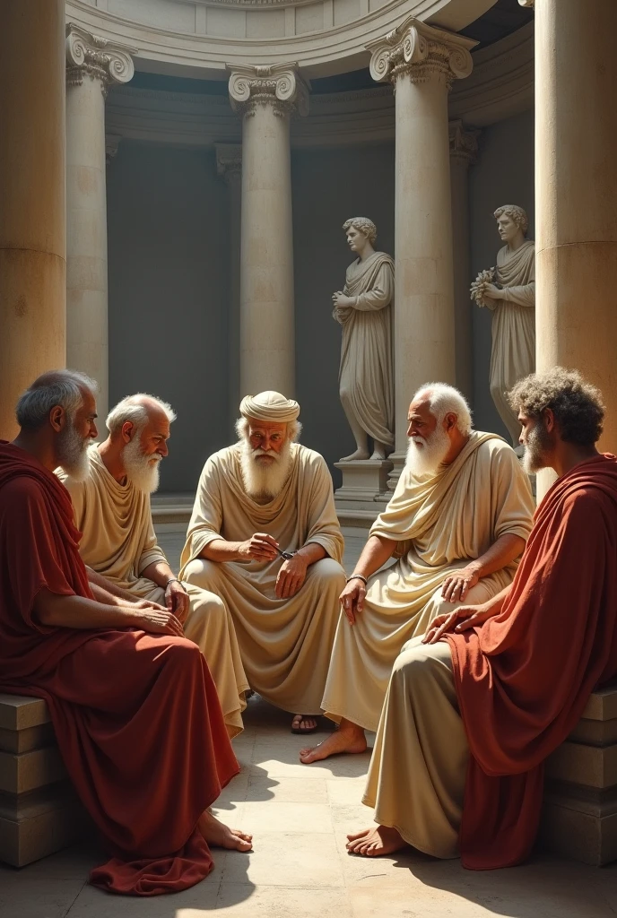 socrates, the Athenian philosopher, is surrounded by his disciples in an outdoor setting, perhaps in the Agora of Athens. He is gesturing while talking, with an expression of deep wisdom and reflection. His disciples, including Plato, are attentive, absorbing every word. Ao fundo, classical Greek buildings can be seen.