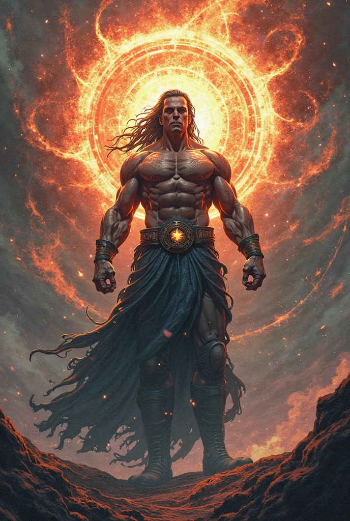 Create a highly detailed and atmospheric digital painting of a cosmic dark entity meditating in a lotus position on the surface of a barren planet. The entity has a shadowy, featureless face and a muscular humanoid body covered in dark organic tendrils that appear to flow and twist around it.. A bright red crystal is embedded in his chest, pulsating with dark energy. Above the head of the entity, A spinning purple and black cosmic vortex with a glowing mystical orb at its center radiates power, Shedding an ethereal light. The background features a vast star-filled galaxy with purple nebulas and distant cosmic phenomena., creating a sense of infinite space and power. The lighting is dark and sinister, and the main sources of light are the glowing red crystal and the mystical orb. The overall color palette is dominated by deep purples., black and touches of red, evoking a sense of cosmic mystery and power.
