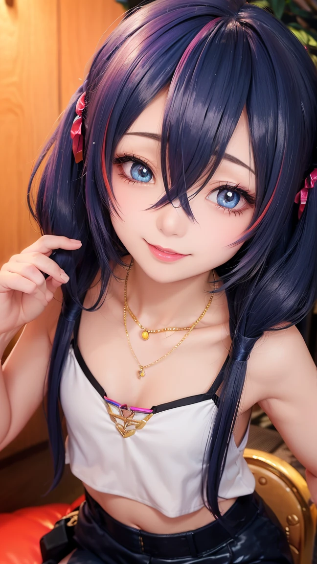 (masterpiece:1.3), (Best Quality:1.3), (Ultra-detailed:1.2), ((kawaii)), Cute, (lovely), ((sexy)), ((Extremely detailed)), 4K, (8K), Best Quality, (Beautiful), Illustration, anime style, (bold line:1.2), Gradation, looking at viewer, //, (bent down:1.1), (arms behind back), //, a cute girl, 1girl, (solo:1.2), gleaming skin, //, (flat chested), (Perfect eyes:1.2), (Perfect iris:1.2), //, blue hair color, (beautiful eyes) //, (half closed eyes:1.3), (sexual expression:1.2), Fascinated expression, smile, (blush:1.2), //, modern pink restroom, on bed, strong abs, sexy lingerie, skirt