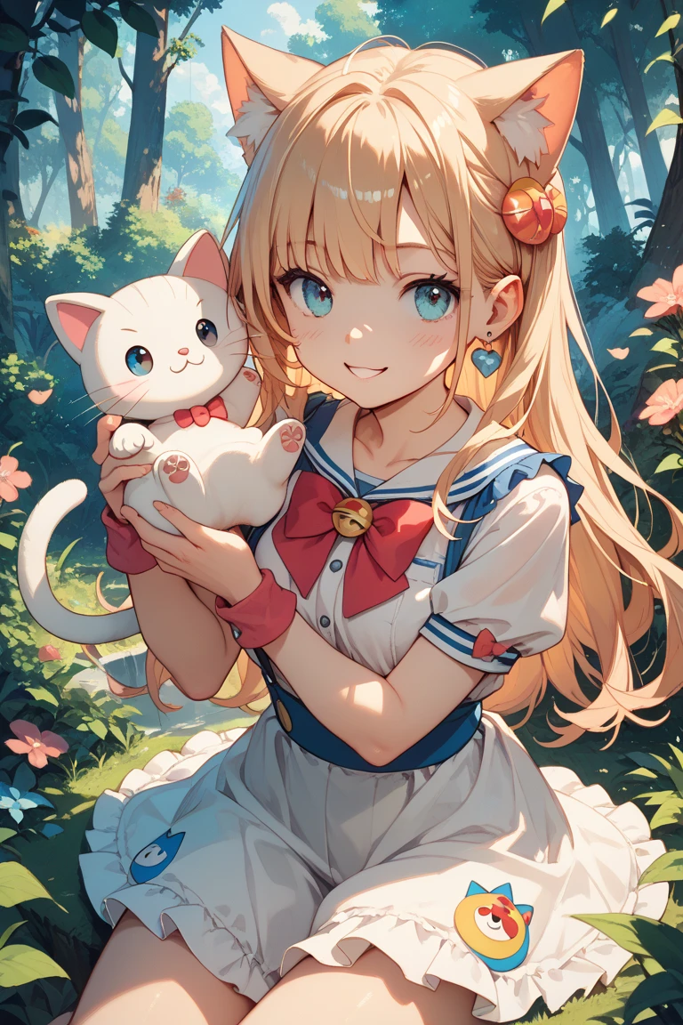 (table top, highest quality:1.37), High resolution, Super detailed, super sharp, break, (((1 girl:1.37, alone))), (beautiful anime face, cute face, detailed face), (Bob Cut Blonde Hair, thin hair, , bangs, princess cut), Detailed beautiful cyan eyes,It's raining in another world、Planets visible、white sailor suit、white pleated skirt, white blouse, , squat, garden, mini skirt、8k、(Cat ear)、big breasts、