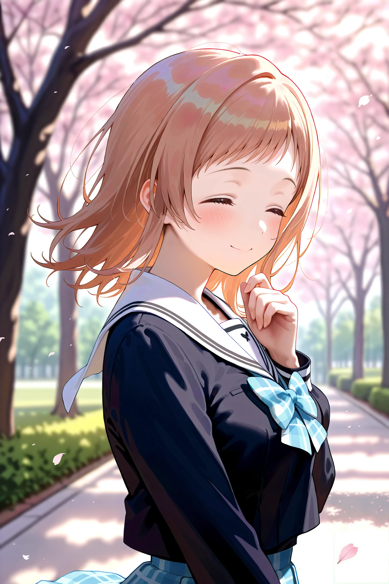 (masterpiece), (Highest quality), (Very detailed),
(The best shape), (Best Shadow), (Absurd),
(Detailed Background), (So beautiful), Shiny,
Extraordinary, Countershading, 8k, 32K, High resolution,
Very Detailed CG ,
Score_9, Score_8_up, Score_7_up, Source_anime,
(Pastel painting:1.2), (Watercolor painting:1.2),
(Masterpiece, Detailed:1.2), (Foreshortening:1.2),
Cinematic, Dramatic, (Depth of field:1.4),
(Blurry background:1.4), (Realistic background:1.4), Dynamic angle, from side,
1 girl, Solo,
Outdoors, Nature, Park, Wind,
Spring, Cherry blossoms,
Sakuragi Mano,
the idolm@ster shiny colors,
mano sakuragi,
(Brown hair:1.1), Medium hair,
(School uniform:1.3),
(Black sailor suit:1.3), Long sleeves suit,
(White sailor collar:1.4),
Ribbon, Light blue ribbon, Butterfly ribbon,
Skirt, Light blue skirt, Checkered skirt,
(Blush:1.3),
Portrait,
Focus on face,
Smile, Happy, Closed eyes,
Realistic skin,
Shiny skin,