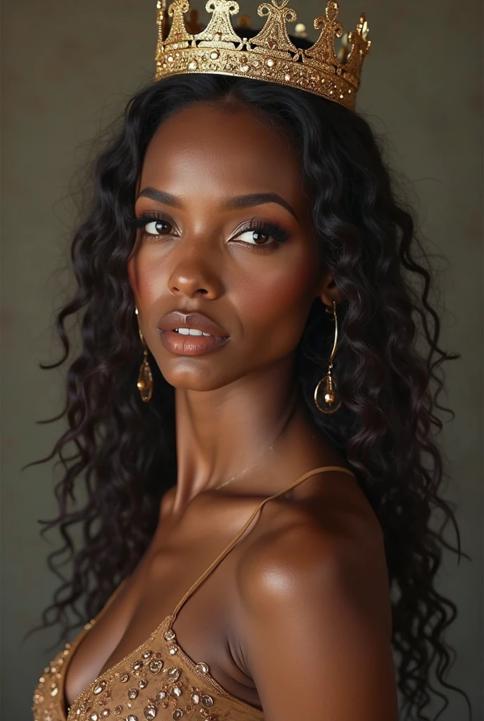 masterpiece, best quality, beautiful African and Asian mixed 19 year old, ebony skin female, long, frizzy, curly dark hair, perfect face, half body, long hair