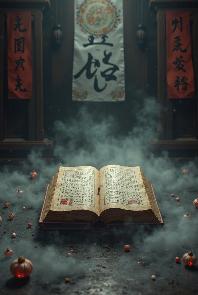 japanese antient book is  enshrined in the japanese shrine, the book is closed, many japanese amulets is put on the book, (heavy deep black steam is on the floor)