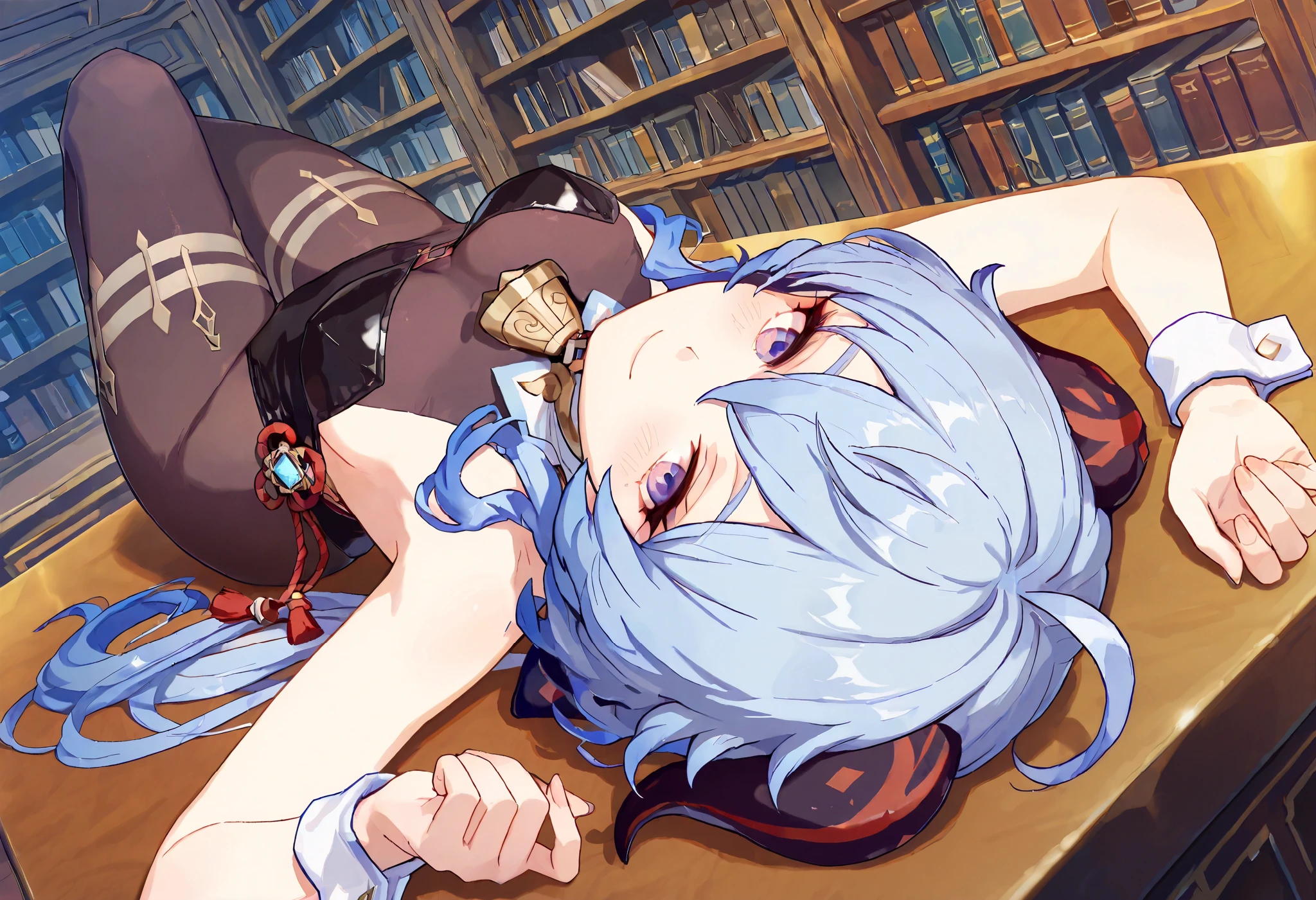 1 woman, ganyu (genshin impact), dark horns, dutch angle, from above, upside down, blue hair, violet eyes, bunny outfit, sleeveless, thigh-high stockings, thicc thighs, lying on a table, seductive pose, seductive smile, blush, library, masterpiece, high quality, highly detailed