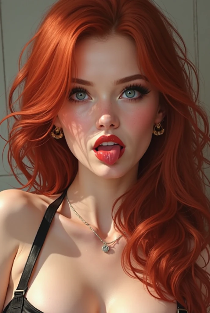 Illustration, drawing of a adult red hair woman, 30 years old, sexy, dressed with a revealing red dress. Happy look. Solid white color background. Work of art. Image with side margins. #3D, #illustration, #cinematic
