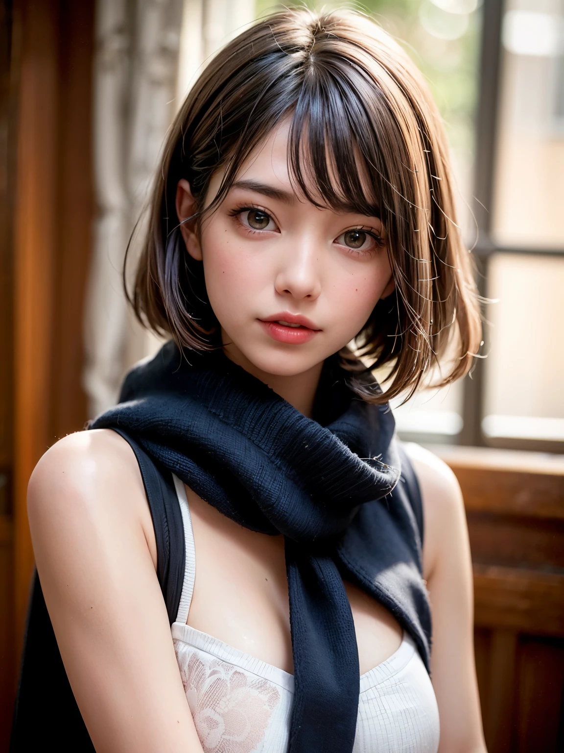 pureerosface_v1:0.3, best quality, photorealistic, 8k, high res, full color, 1girl, woman, 20 years old woman, (closed mouth:1.2), (skindentation), (portrait:0.6), trees, park bench, daylight, ((park background:1.52)), full color, ((necksweater:1.68)), straight-looking at viewer:1.8, (1girl eyes looking at viewer:1.55), (short-length hair, blackhair, partedhair:1.45), (bokeh), <lora:AAG-enako:0.7>
