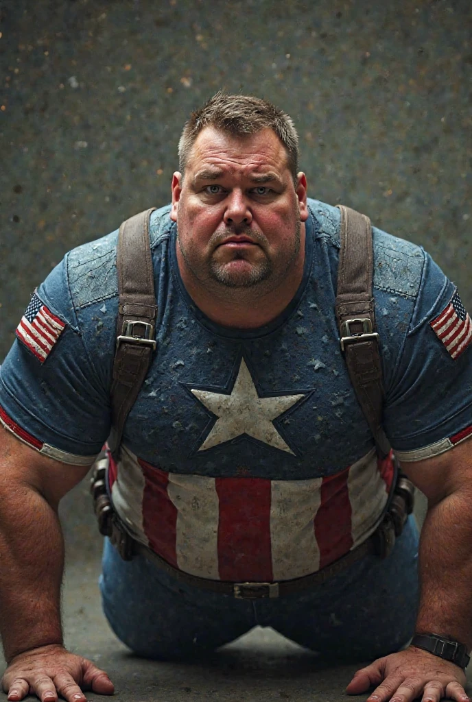 (best quality,4k,8k,highres,masterpiece:1.2),ultra-detailed,(realistic,photorealistic,photo-realistic:1.37),Obese Captain America,heroic pose,confused expression, appearing on a television screen,vibrant colors,studio lighting
