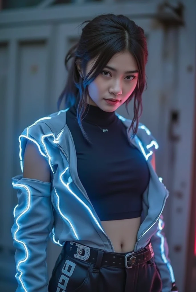 A young girl in a neon light cyberpunk outfit, covered with pink and blue glowing threads of energy and sparks flying around her. She is wearing an oversized Wet T-shirts made from chrome material. transparent clothes nipples. She has long hair and looks into the camera in the style of anime