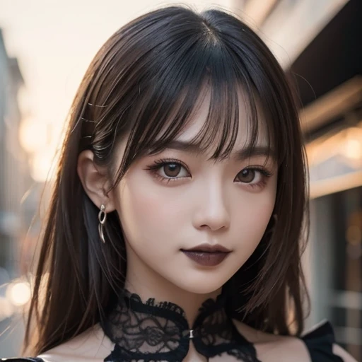 One Girl, (A beauty girl, delicate :1.3), (:1.3), break, (Gothicta, Frills, race:1.3), break, Very fine grain definition, (Symmetrical eyes:1.3), break, (Street view:1.3), break, Small breasts, Brown eyes, Parted bangs, Brown Hair, , break, (Eye and facial details:1.0), break, (masterpiece, Highest quality, Super detailed, Detailed face, 8k)