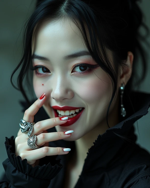 (extra detailed body、extra detailed face、best qualtiy:1.2)、femele、looking at the viewers、(fancy dress、Halloween Witch Makeup、Black lipstick, thick and long black eyeliner、the witch、Flashy makeup）（Halloween pumpkin on background）