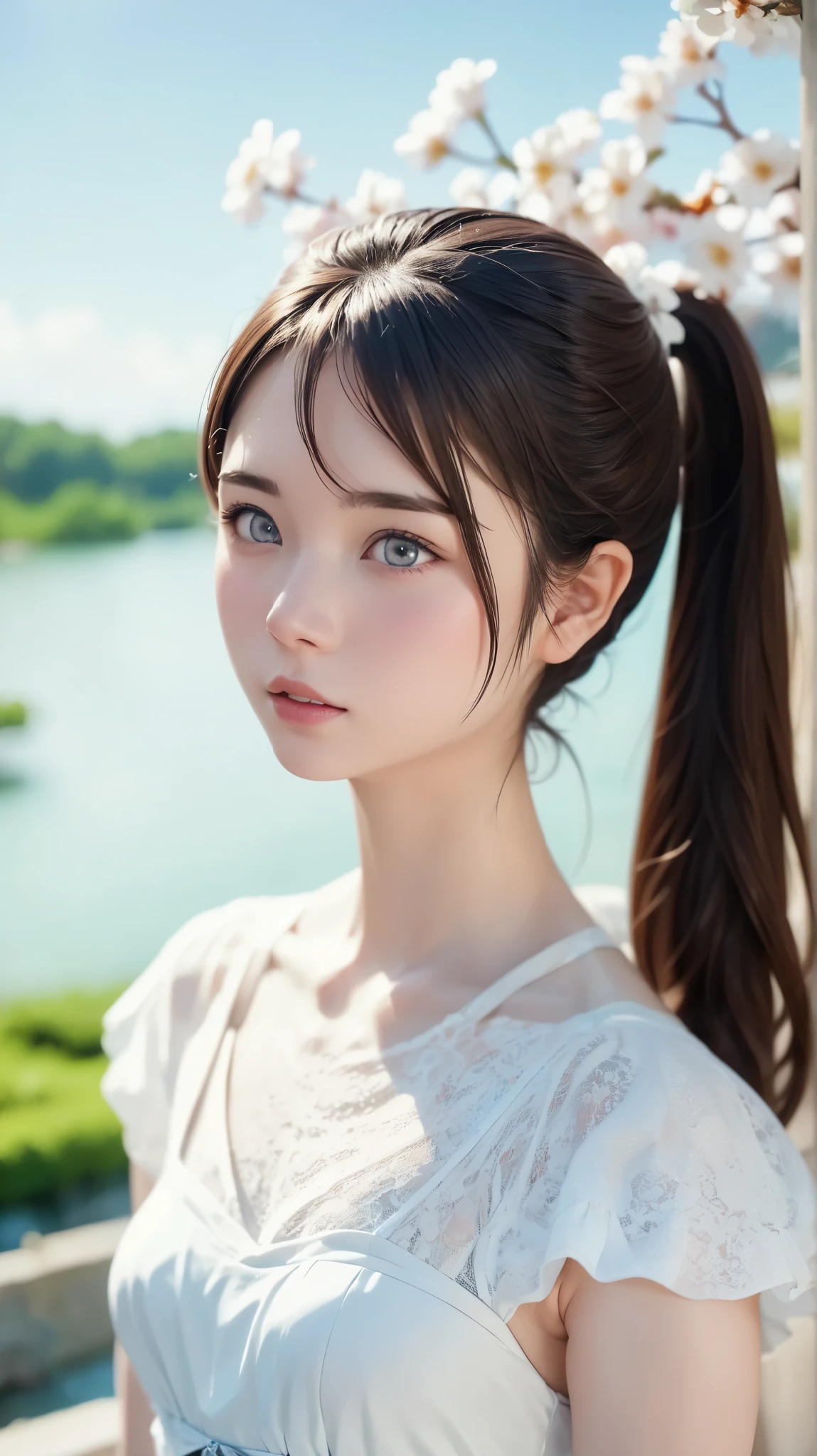(((film grain、RAW photo)))、one girl、cute face、plump lips、beautiful brown hair、Clear gray eyes、ponytail、短い髪のponytail、white long dress、poncho-like dress、small breasts、small breast bulge、(((White world、pure white background、A world of silence)))、highest quality、ultra high resolution、Highest image quality、master piece、8k、small nose medium depth of field, photographed on a Canon 5D, 50mm lens, f/4 aperture, (very detailed, intricate details), sharp focus, calm colors, 8K、confused, 8mmfilm grain、