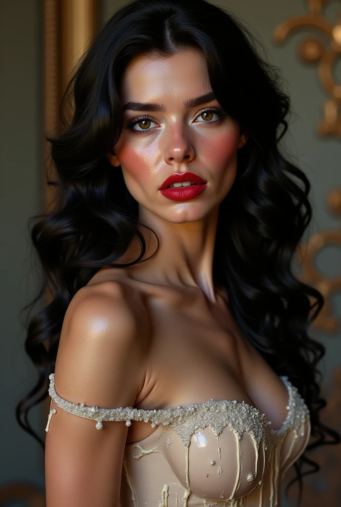 Create an 8k, best quality, Ultra, high regulation image with a zoom on camera, capturing a beautiful woman. The image should be in UHD resolution with sharp focus, and be a masterpiece with a cinematic photoshoot feel. The subject should be a professional, realistic woman showcasing deep cleavage. The chest should be prominently featured, glowing, and part of a big, plus-size, beautiful lips adorned with color. She should have attractive makeup with deep eyeliner, highlighted eyeliner, light eyeshadow, long mascara, and thick lashes. The woman should be gorgeous, with a full-length frame, slim belly, slim stomach, visible navel, thick thighs, high waist, and overall a high figure. She should have smooth, white, spotless skin, black wavy hair styled with intricate design and bright highlights. The photo should be extremely detailed, focusing on her beautiful eyes with clear iris patterns, rings, and spokes, bright sclera, lively eyes, long thick eyelashes, delicate framed eyes, and well-shaped thick eyebrows. Every aspect of her, from her hair to her chest, should be extremely detailed. intricate texture, and a 3D design with a miraculous pattern, making it a modern craft piece. The woman should be standing in a pose, looking at the camera, with extremely detailed eyes, ears, nose, mouth, lips, teeth, neck, shoulder, chest, perfect breast nipples nice clevage seductive poses red lips full body front face nudes
