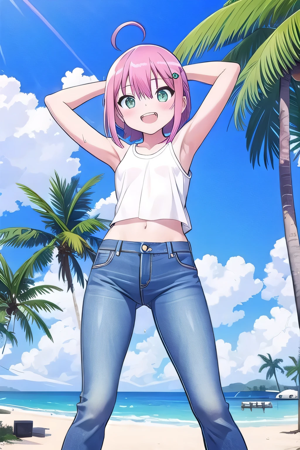 NSFW, Hedgehog Race Amy Rose sonic Pink Skin in short skirt looking back pinning ass with open shirt on ultra realistic beach