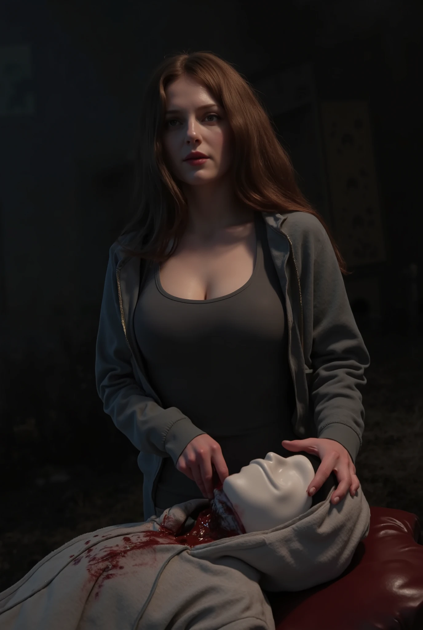Realistic, A Very beautiful woman, woman very thick hair, boy hoodie, woman kill boy, woman very big breast, woman slaughters boy neck like a lamb, boy neck is flowing with blood, woman knife, boy dead, boy full face mask