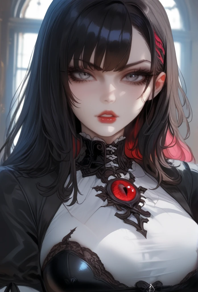 handsome older WOMAN,crimson-eyes,crimson pupils,Long black hair,Hyperresolution,accuracy,Detailed rendering,(Subtle facial image)(Image of fine hair)(topquality)(Masterpieces of masters)(High degree of completeness)(A sense of atmosphere)tmasterpiece,Super detailed and super detailed(portrait), long wavy black hair, (((tHICK WAVY HAIR)))(((ANKLE LENGTH HAIR))) (((Sakimichan))) (((black hair))) (((Latex black fight outfit))) (((Hair in ponytail))) (((skinny))) (((Latex black fight suit)))(((Stoic expression)))(((Black cloak)))