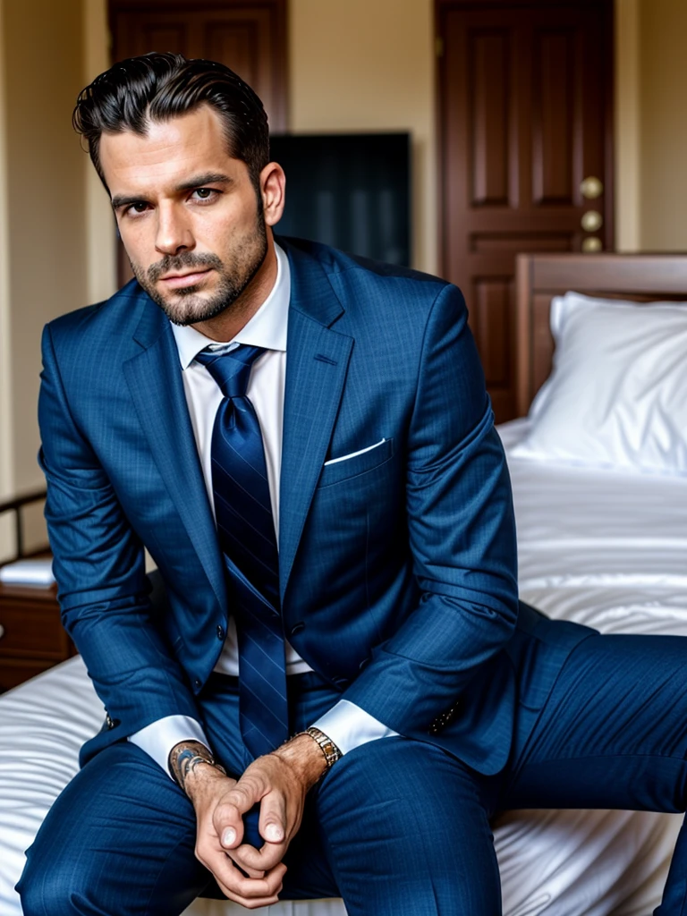 Close-up of a man in a suit sitting on a couch