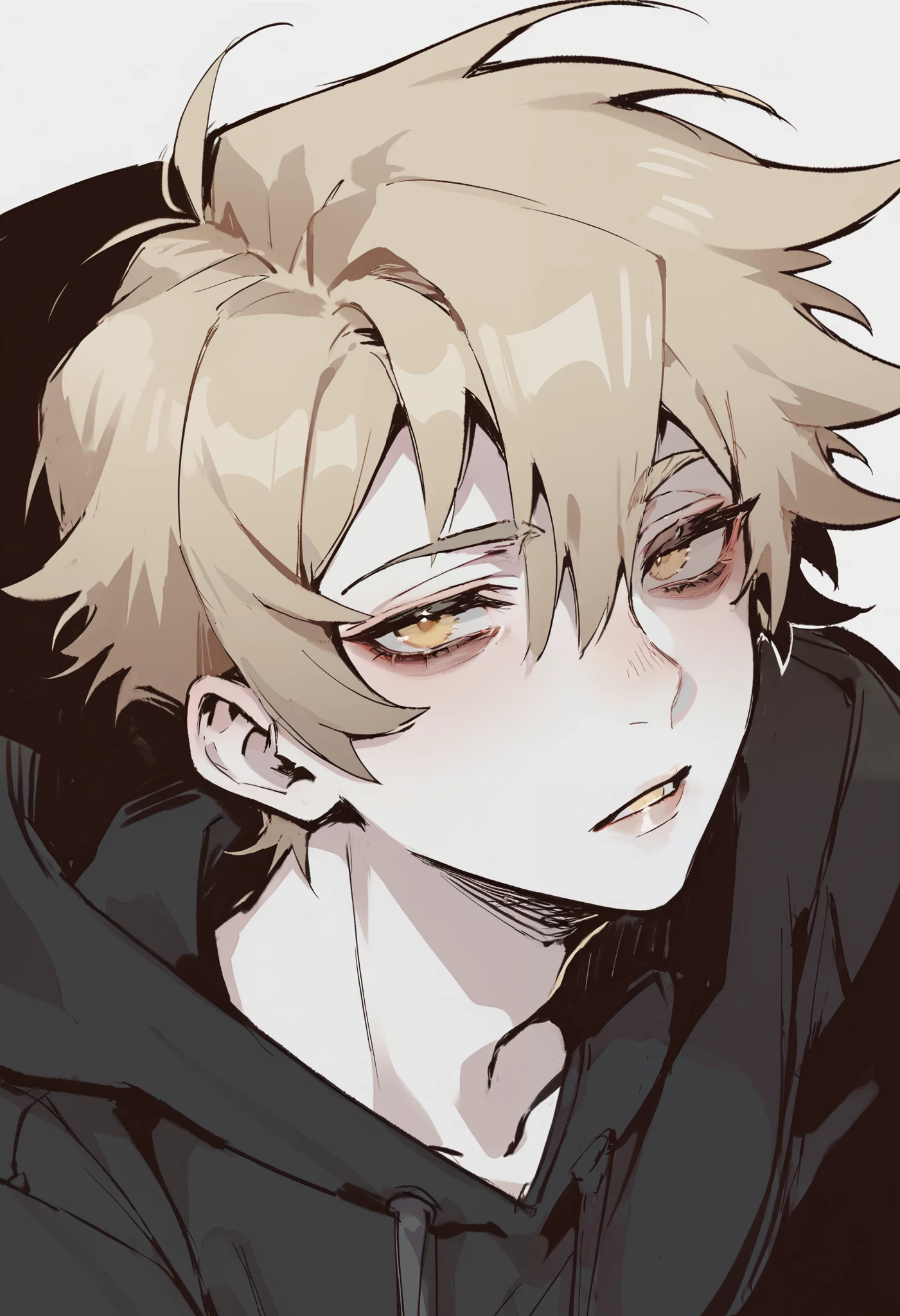 1boy, solo, blonde hair, bangs, short hair, yellow eyes, dark circles under eyes, doomer boy, white skin, curvy body, black hoodie, 20 years old, adult, femboy