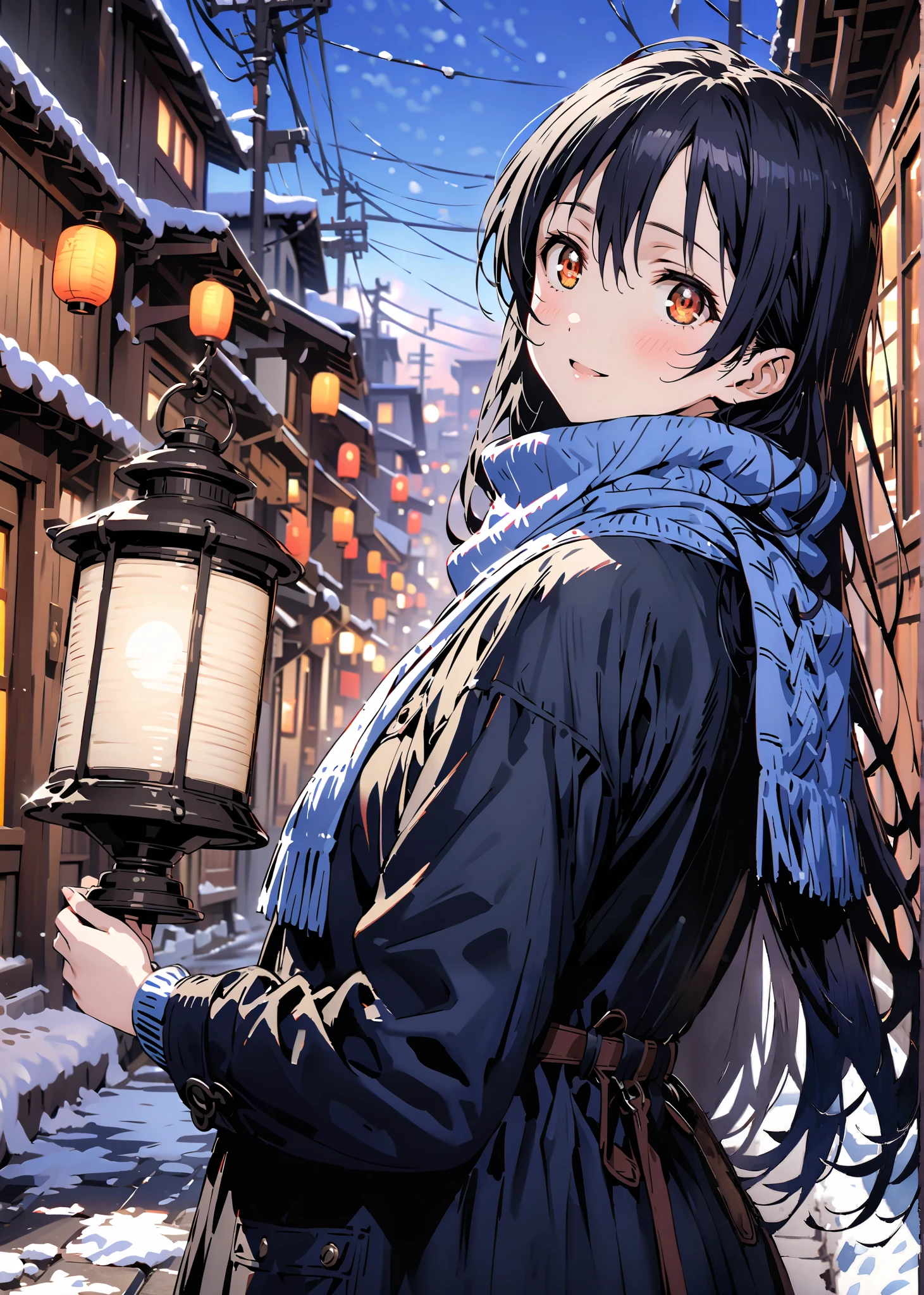 Sonoda Umi  , Alone,long hair, bungs, Between the eyebrows, brown eyes,  Lantern,smile,blush,open your mouth,half up do,Glasses,duffle coat,(sweater  :1.2),( turtleneck:1.2),blue scarf ,Long Skirt,boots,snow,morning,walking,full bodyがillustration for both eyesに入るように,               break outdoors,  residential area,
break looking at viewer,full body,
break (masterpiece:1.2), top quality, high resolution,  Unity 8K Wallpaper , (illustration for both eyes:0.8), (beautiful detailed eyes every time I look to the side:1.6), highly detailed faces that insist on buttocks,  perfect lighting, extremely detailed CG, full body写真,(PERFECT HAND, PERFECT ANATOMY),