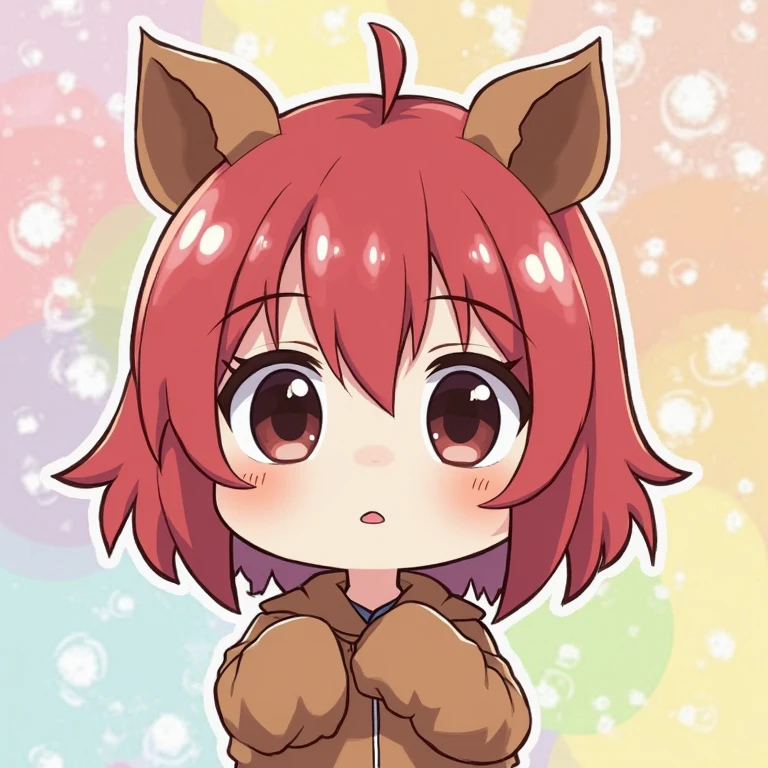 A cute chibi with red hair in pigtails with braids and red eyes with a white chooped with fur and a white glove with fur and with tattoos on her belly on the right side