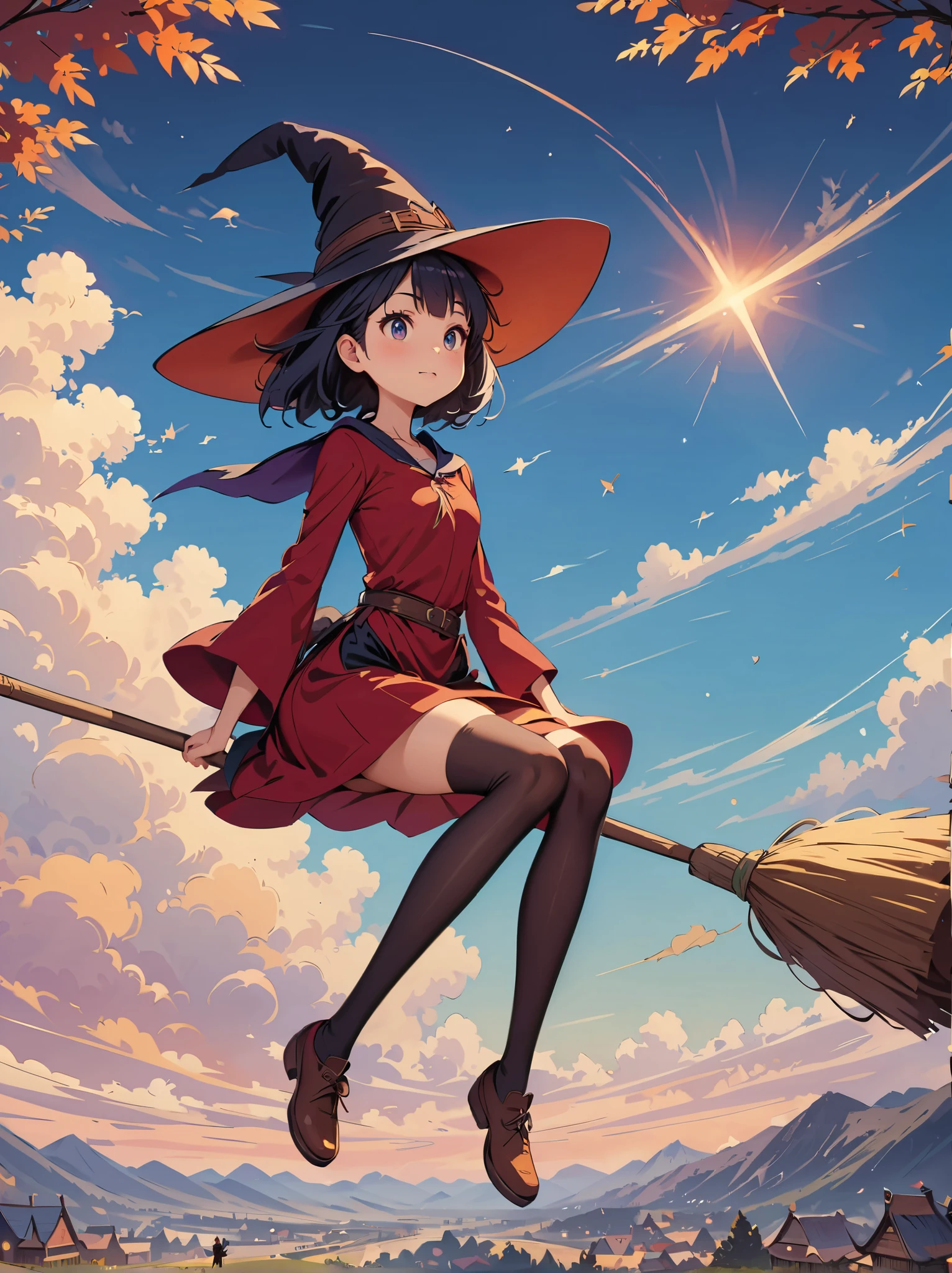 1 girl,Kiki ,Witch's Delivery Service,perfect face,cute, ((((flying witch))),((Ride a broom)),broom flight,Straddling the broom,anatomically correct,(masterpiece, highest quality:1.2),masterpiece,highest quality,the best masterpiece,8k,,Wind, fantasy,,wonderful,, Mysterious, charm, Whimsical, playful, adventurous, free, wonder, imagine, decide, skill, speed, movement, energy, realism, naturalistic, figurative, represent, beauty, fantasy culture, myth, fairy tale, folklore, legend, witch, wizard, Magical creatures, fantasy worlds, composition, scale, Zenikichi, midway point, background, perspective, light, color, texture, get used to it, beauty, wonder.