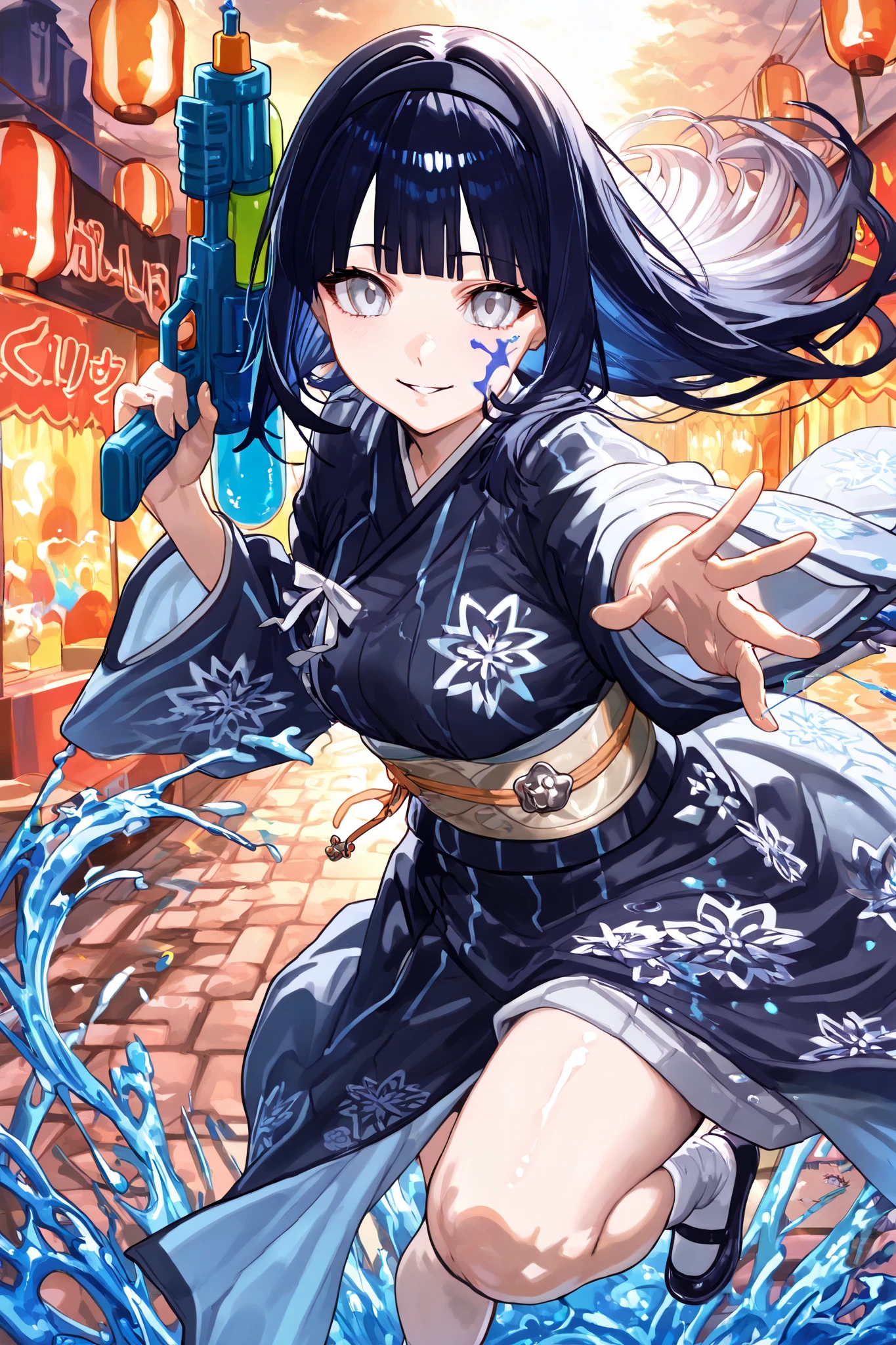 Hinata hyuga solo long dark blue hair looking at viewer smile bangs blue White eyes long sleeves White eyes full body Dark blue hair hairband parted lips japanese clothes shoes socks wide sleeves blunt bangs kimono water sash floating hair obi standing on one leg white socks city (holding a pichkari water gun, aiming at the viewer, about to shoot colorful water), (vivid Holi colors flying in the air, gulal spreading around),(colorful water splashes surrounding her, festival energy), (paint splatters on her dress and face),(warm sunlight filtering through colored powders),long hair,byakugan,white eyes
