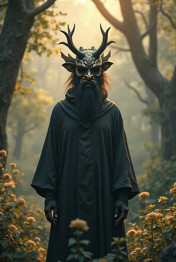 A mystic shaman wearing a mask carved from ancient wood, covered in glowing runes, standing in a dark forest under the full moon, as he channels the spirits of the forest, the mask glowing with ethereal light, cinematic and mystical atmosphere, mystical light, featuring soft, surreal 8k, God's rays, puddles, mystical light, raw, film photography style, medium grain, 8k, High Quality, Intricately Detailed, Photography, Volumetric Lightingr, Demon Horns